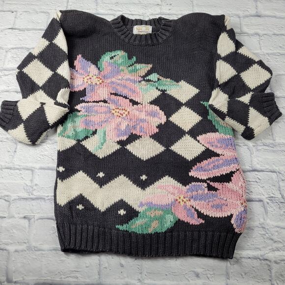 Vintage Ninon de Lenclos Floral Embroidered Harlequin Sleeve Sweater size Small - Picture 1 of 10